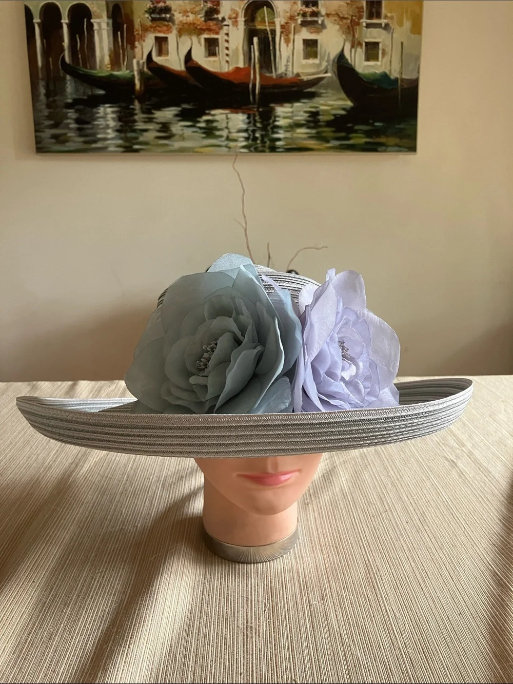 Chic Gray Wide-Brim Floral Hat in Dusty Blue and Light Gray Floral Accents